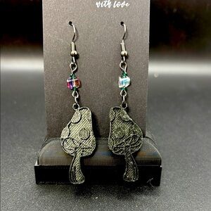 Black & Green Mushroom Earrings with Beaded Accents